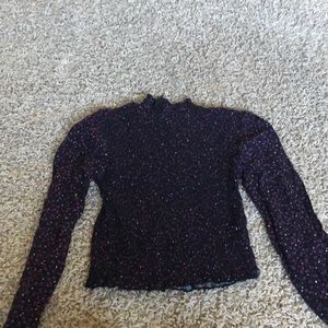 black and purple smocked mock neck long sleeve blouse
